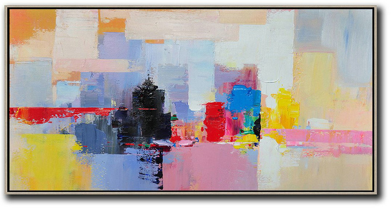 Oversized Canvas Art On Canvas,Horizontal Palette Knife Contemporary Art Panoramic Canvas Painting,Big Art Canvas,Black,Pink,Yellow,Red,Blue.etc